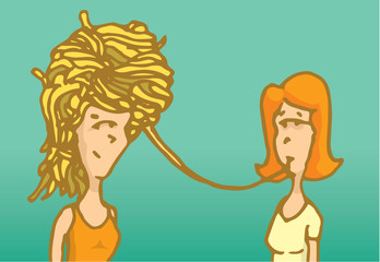 Woman eating another head or hair like spaghetti