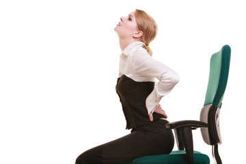 Businesswoman with backache back pain isolated