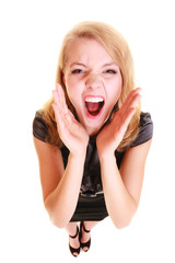 woman blonde buisnesswoman shouting isolated