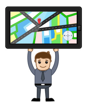 GPS Device Holding in Hands - Cartoon Vector