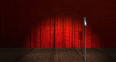 Illustration of Stage Curtain and Microphone on side - obrazy, fototapety, plakaty