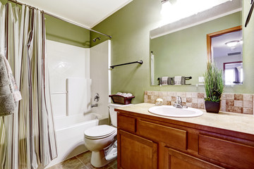 Fototapeta na wymiar Bathroom cabinet with tile trim and decorative plant