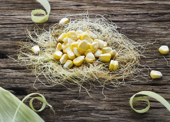 grains of corn on a cob and sack