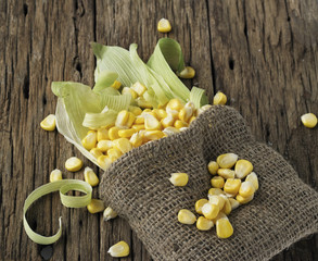 grains of corn on a cob and sack