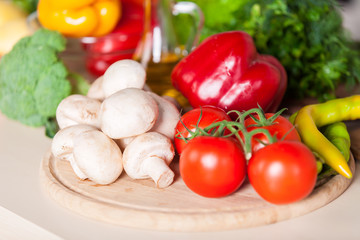 healthy foods are on the table in home kitchen