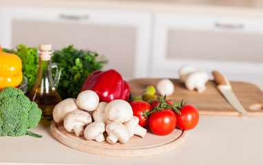 healthy foods are on the table in home kitchen