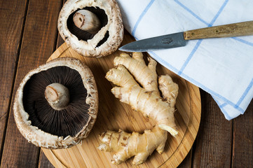 fresh ginger root and portobello mushrooms