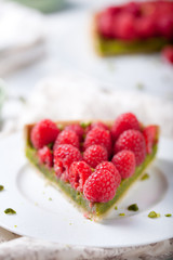 Fresh raspberry and pistachio cream tart