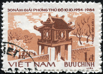 stamp printed by Vietnam shows Temple of Literature in Hanoi