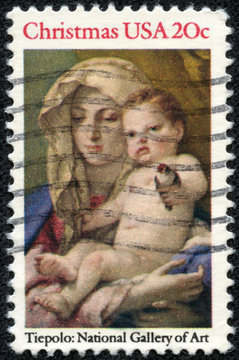 stamp printed in USA shows painting "Madonna and Child"