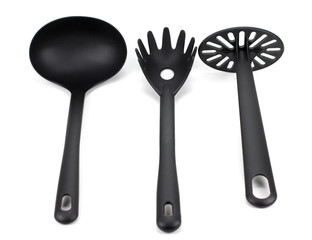 black kitchen utensils isolated on white