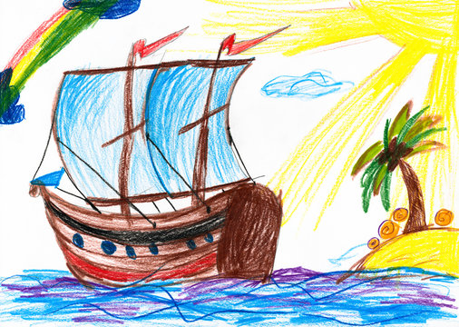 Sailboat and island. Child's drawing.
