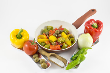 peppers, onions, tomatoes and olives