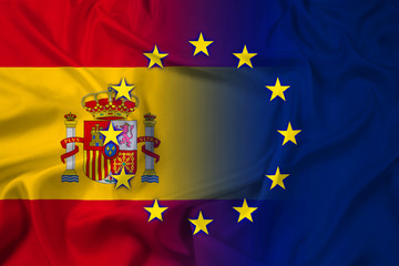 Waving Spain and European Union Flag