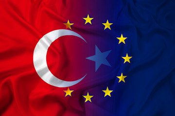 Waving Turkey and European Union Flag