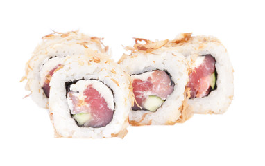 Traditional fresh japanese sushi rolls on a white background