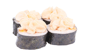 Traditional fresh japanese sushi rolls on a white background