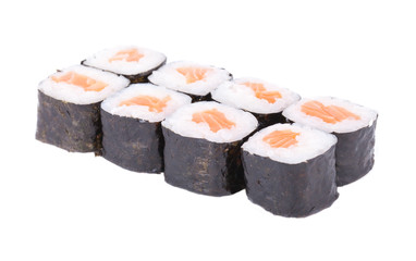 Traditional fresh japanese sushi rolls on a white background