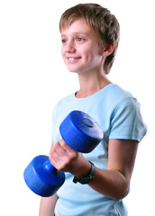 isolated portrait of child exercising with dumbbells