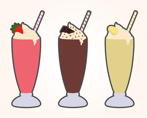 Vector Milkshake Icons - Milkshakes with Cream in Glass