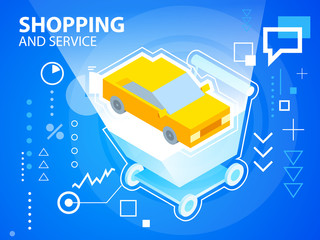 Naklejka premium Vector bright illustration shopping trolley and car on blue back