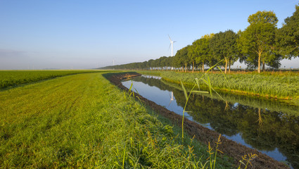 Canal through a hazy landscape at sunrise