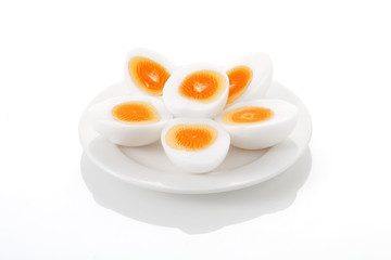 steamed egg in ceramic dish on white background