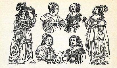 Fototapeta na wymiar Women's fashion (end of 16 and 17 century)