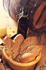 Sliced rye bread in wooden board