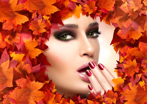 Autumn Makeup and Nail Art Trend. Fall Beauty Fashion Girl