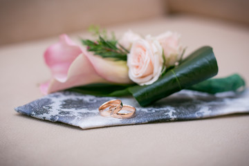 Wedding rings on the groom's tie