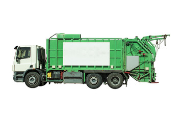 Fototapeta na wymiar Garbage truck - green color with sign