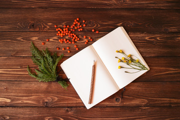 Blank notebook, wooden pencil and ashberry on wooden background