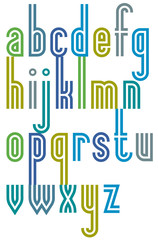 Poster colorful striped font, cartoon binary lower case letters.