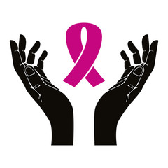 Hands with breast cancer ribbon vector symbol.