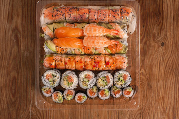 Assorted Sushi  on a wooden table