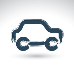 Hand drawn blue car icon, illustrated brush drawing passenger ca