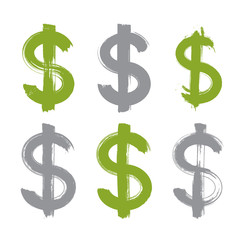 Set of hand-painted green dollar icons isolated on white backgro