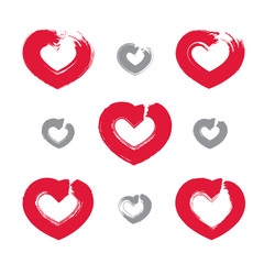 Set of hand-drawn red love heart icons, collection of loving hea