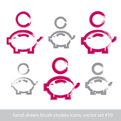 Set of hand-drawn pink piggybank icons, stroke brush drawing coi