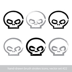 Set of brush drawing simple human skulls, collection of stroke p