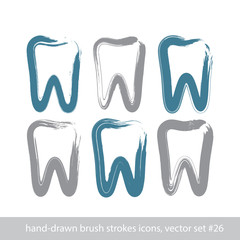 Set of stroke hand-drawn simple tooth icons, real ink brush draw