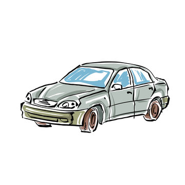 Colored hand drawn car on white background, illustration of a se