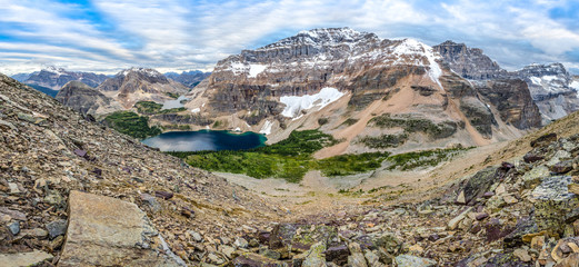 Mountain range panorama with lake in Banff national park, Canada