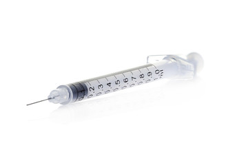 Plastic insulin syringe isolated on white background