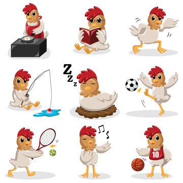 Chicken characters doing different  activities