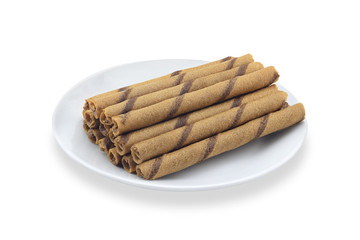 Striped wafer rolls filled with chocolate