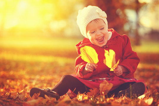 happy little child, baby girl laughing and playing in autumn