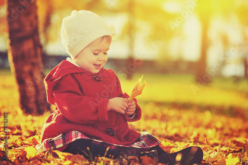 happy little child, baby girl laughing and playing in autumn