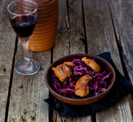 red cabbage and duck breast spicy  salad